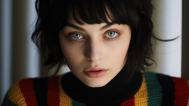 a woman with short black hair and a striped sweater