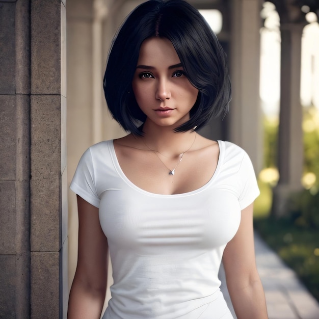 A woman with a short black hair and a white shirt