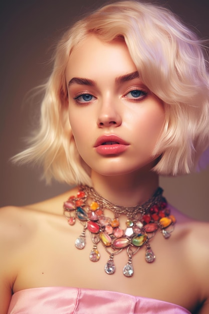 A woman with short blonde hair and a necklace