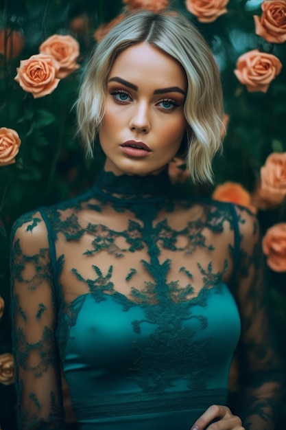 A woman with short blonde hair stands in front of a bouquet of roses