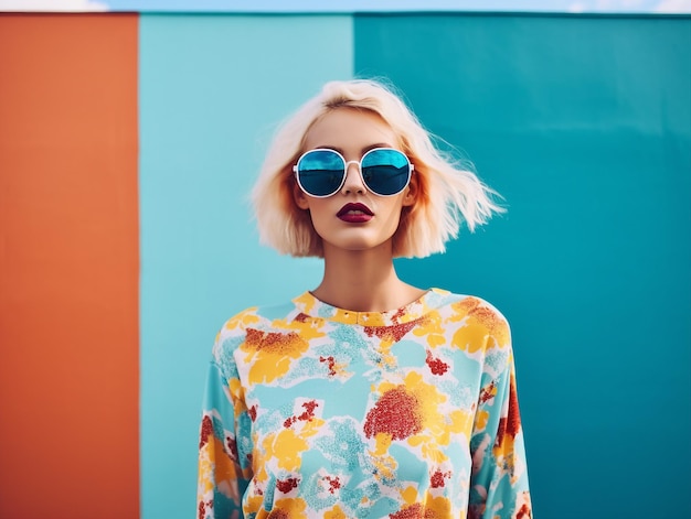 A woman with short blonde hair stands in front of a colorful wall