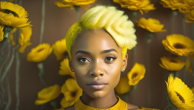 A woman with short blonde hair stands in front of sunflowers.