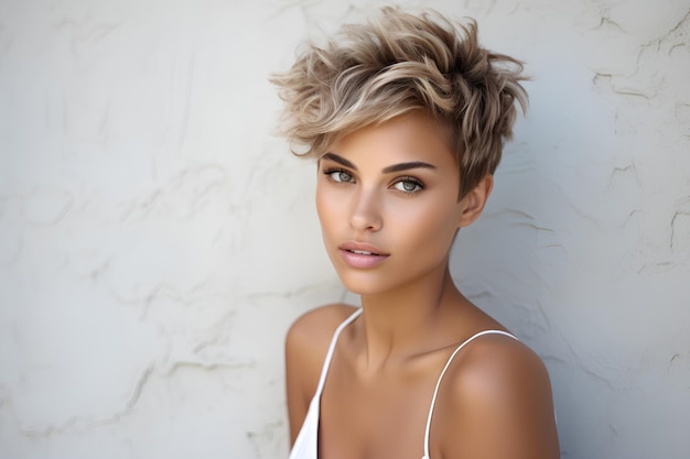 Woman with short bob haircut and tanned skin on light background