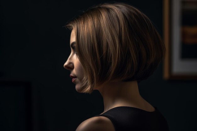 A woman with a short bob hairstyle stands in front of a painting.