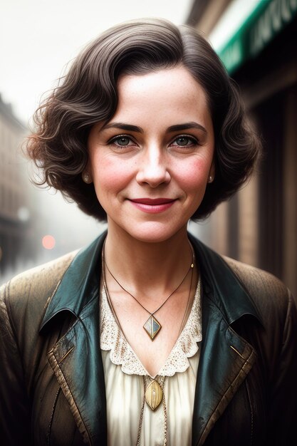 A woman with short brown hair and a green shirt with a gold necklace.