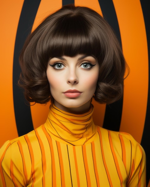 茶色の短い髪とオレンジ色のトップスを着た女性