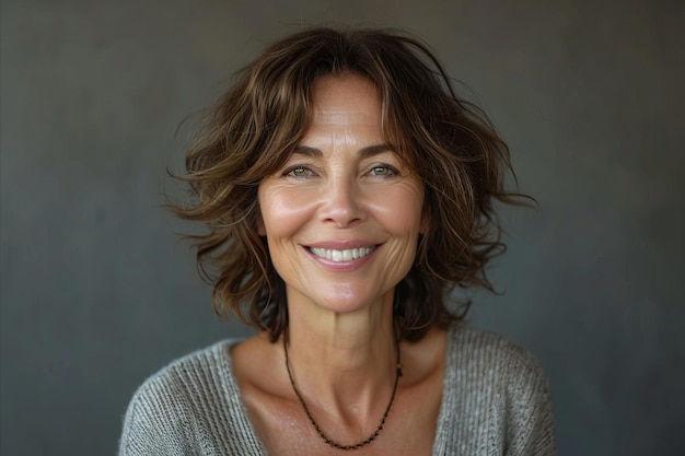 A woman with short brown hair smiling at the camera