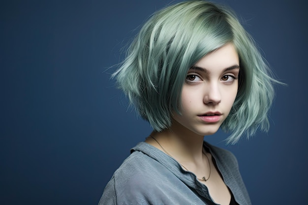 A woman with short green hair