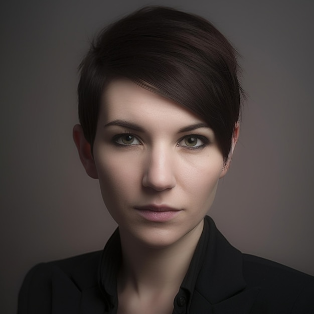 A woman with short hair and a black jacket is posing for a photo.