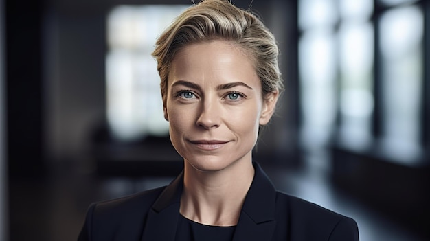 A woman with short hair and a black jacket stands in a dark room.