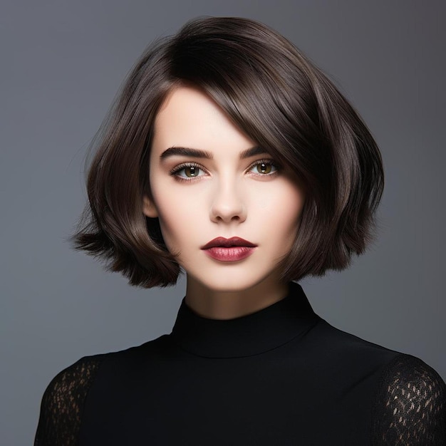 a woman with short hair and a black top is posing with a gray background.