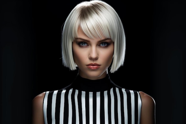 a woman with short hair and a black and white striped top is standing in front of a black background.