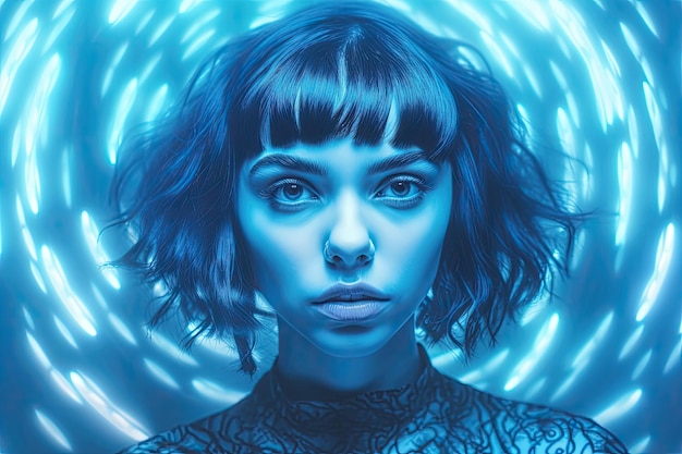 a woman with short hair and blue light