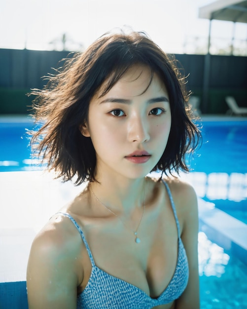 A woman with short hair and a blue top stands in a pool.