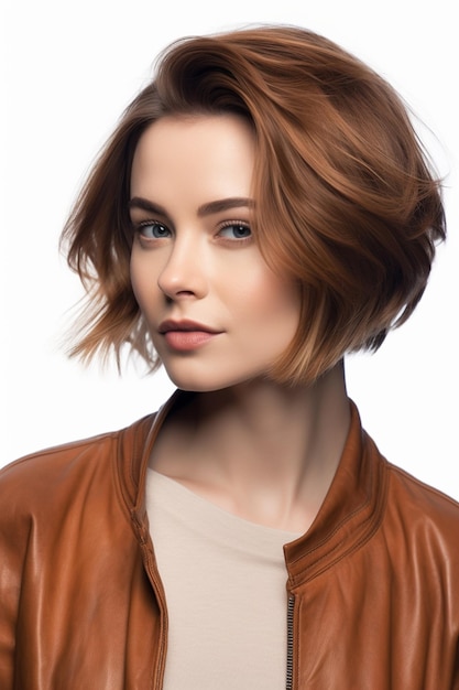 A woman with short hair and a brown jacket