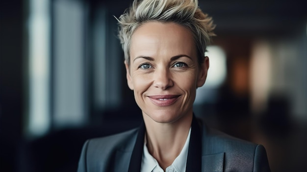 A woman with short hair and a grey suit stands in a dark room.