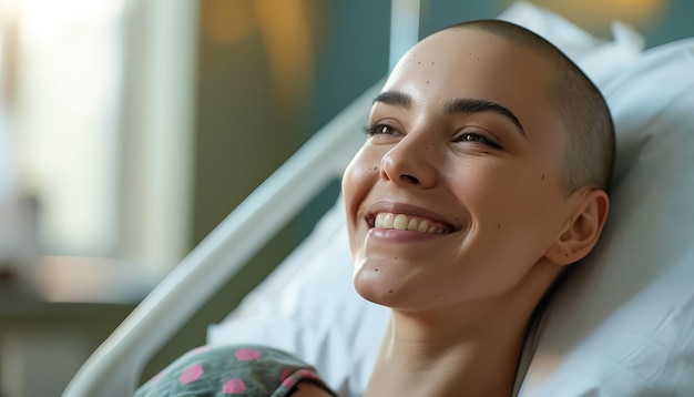 A woman with short hair is smiling in a hospital bed