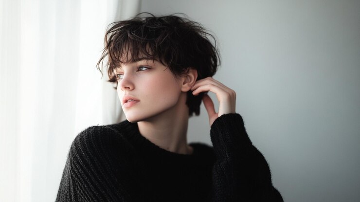 Photo 短の女性が電話で話している