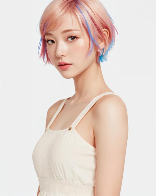 A woman with short hair and pink and blue hair looks at the camera.