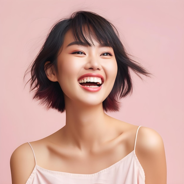Photo a woman with short hair and a pink top is smiling.