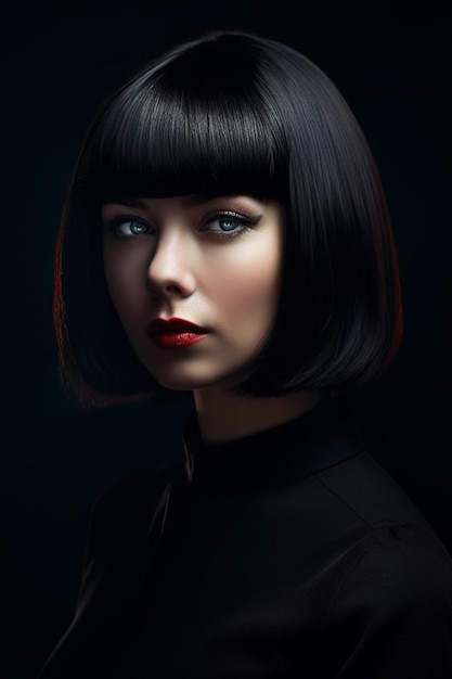 A woman with short hair and a red lipstick