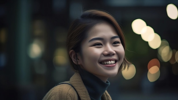 カメラに向かって微笑むショートヘアの女性。