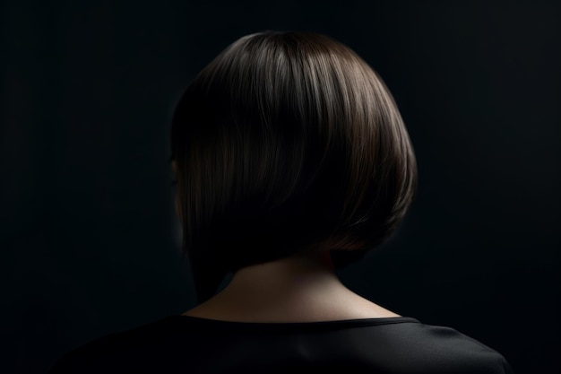 A woman with short hair stands in front of a black background.