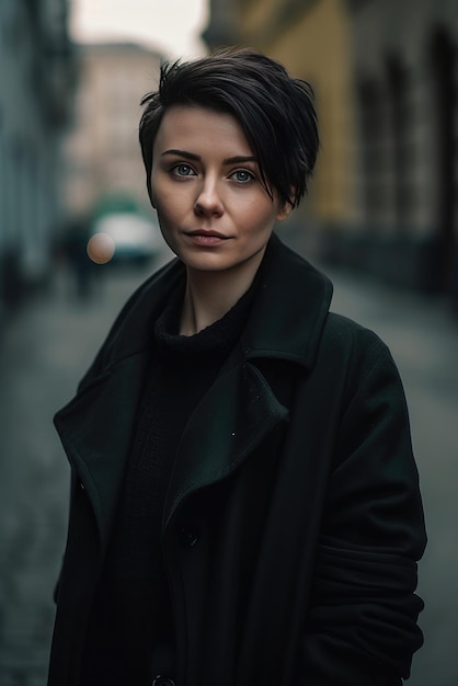 A woman with short hair stands on a street in a black coat.