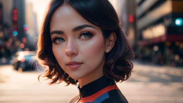 A woman with short hair stands on a street in the city.