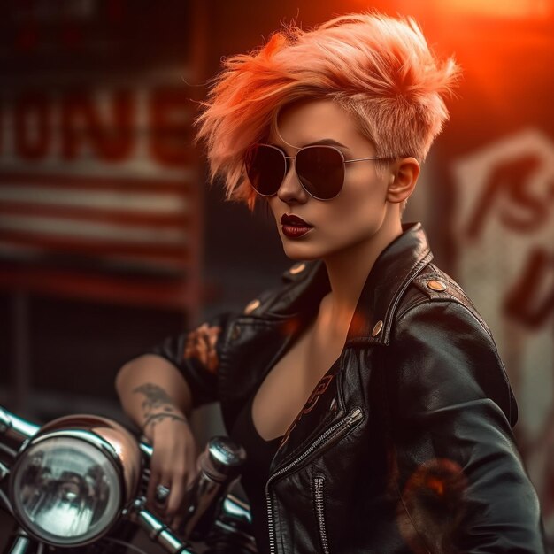 Beautiful Biker Woman Leather Short Red Hair Stock Photo by ©Ravven  192549574