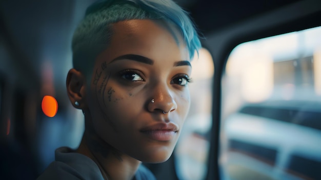 A woman with short hair and a tattoo on her face sits in a car.