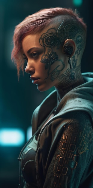 A woman with short hair and a tattoo on her head