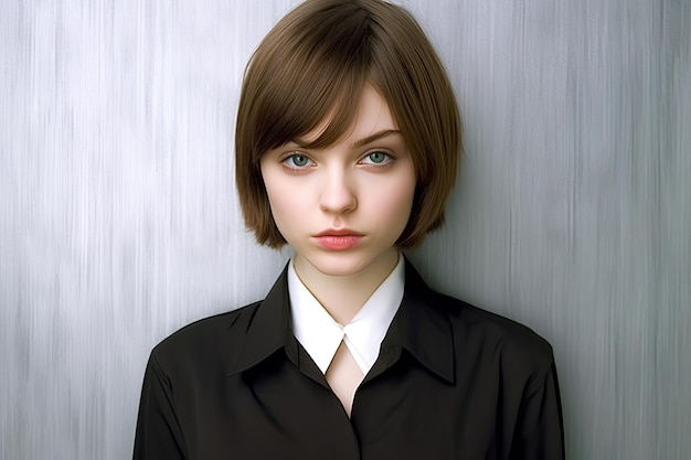 a woman with short hair wearing a black shirt