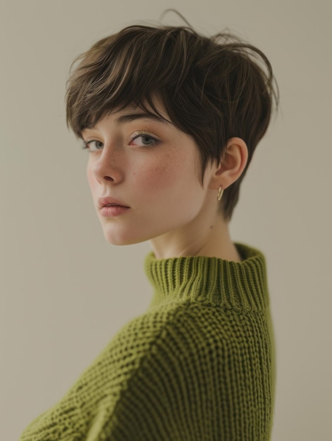 woman with short hair wearing a green sweater