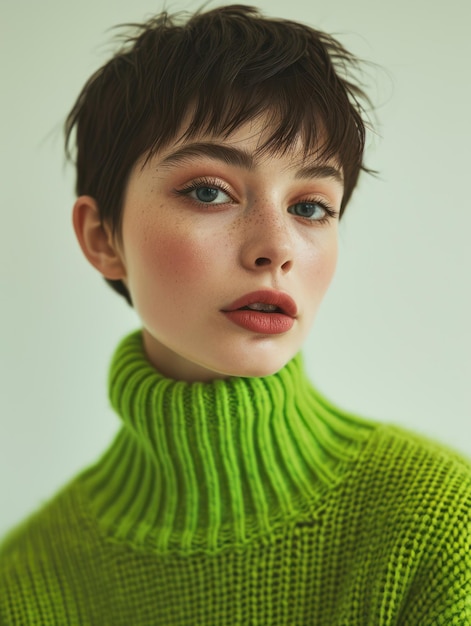 woman with short hair wearing a green sweater