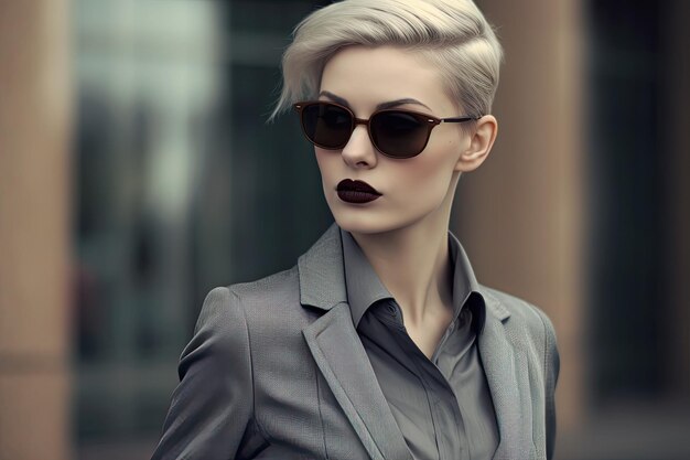 a woman with short hair wearing sunglasses