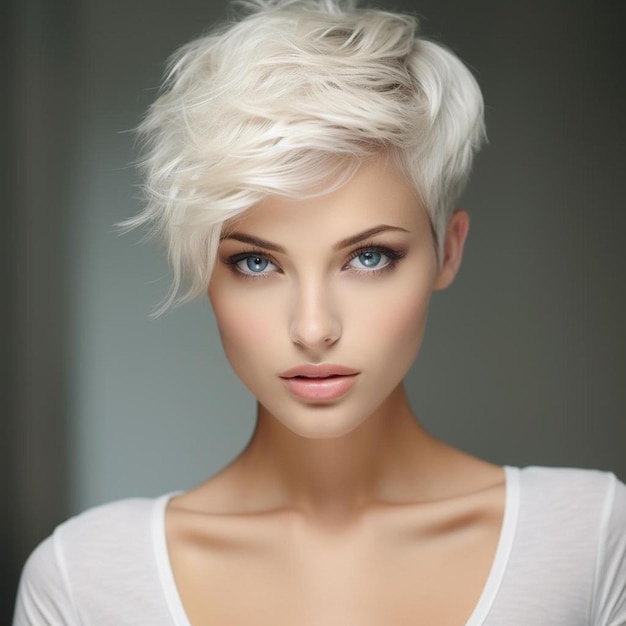 a woman with short hair and a white shirt is posing with a white shirt that says " natural ".