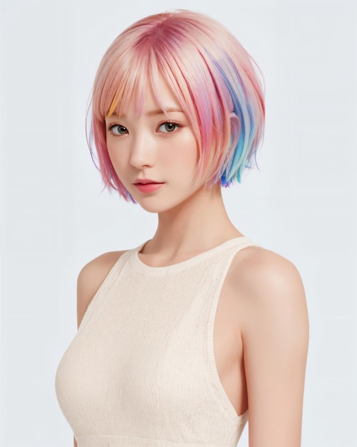 A woman with short hair with a short bob hairstyle with rainbow colors on the front