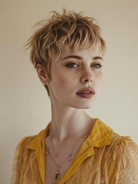 a woman with short hair