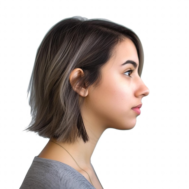 A woman with a short haircut and a grey shirt.