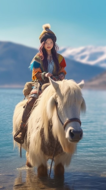 Foto una donna con i capelli corti si siede a cavallo su uno yak sullo sfondo della neve