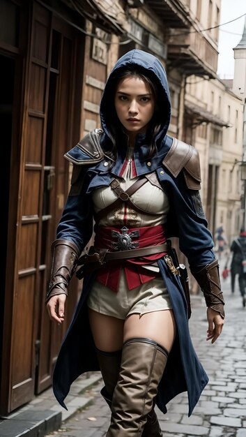 A woman with short pants cosplay assassin's creed