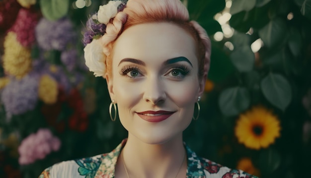 A woman with short pink hair and a floral top stands in front of a garden.