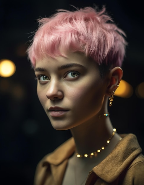 A woman with short pink hair and a gold necklace