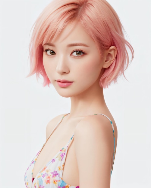 A woman with short pink hair and a pink short bob with a pink hairdo