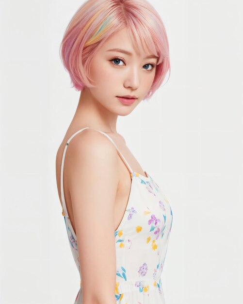  Premium AI Image | A woman with short pink hair wears a white dress ...