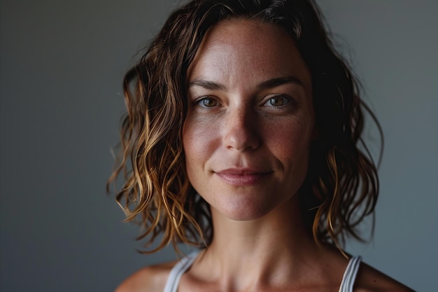 A woman with short wavy hair and a white tank top