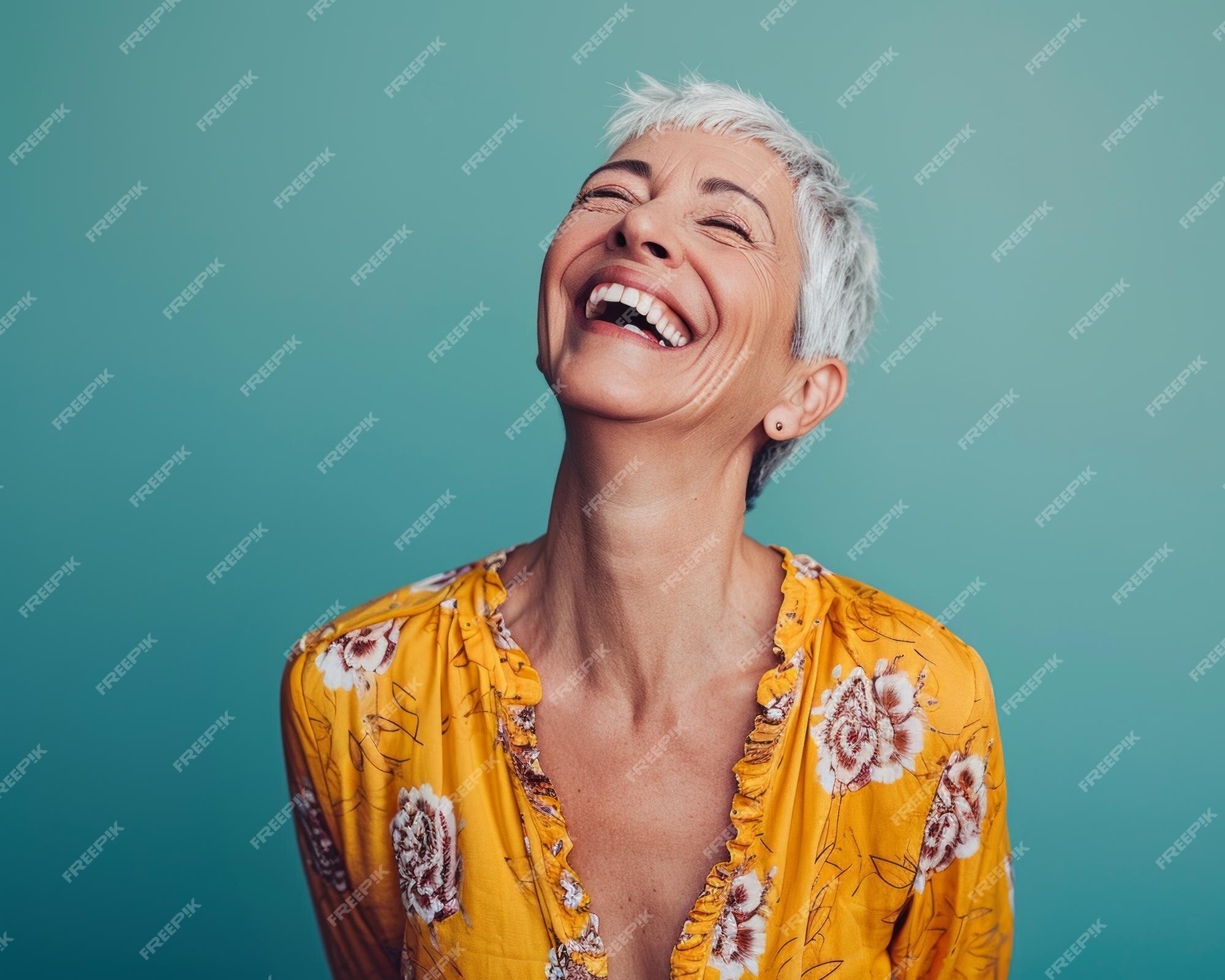 Premium Photo A woman with short white hair laughing and smiling
