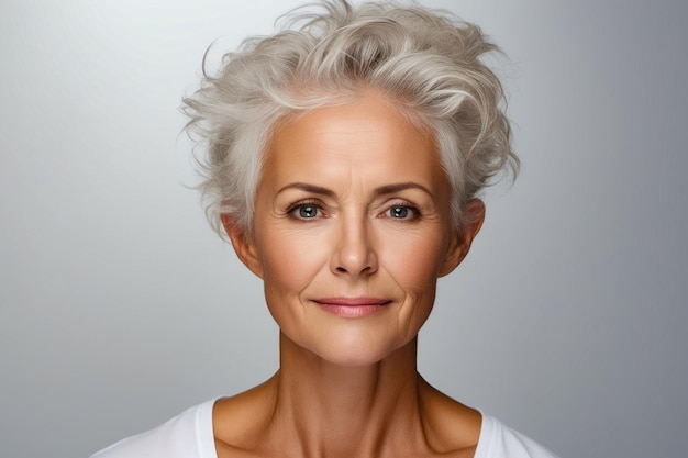 Photo woman with short white haircut and white shirt generative ai