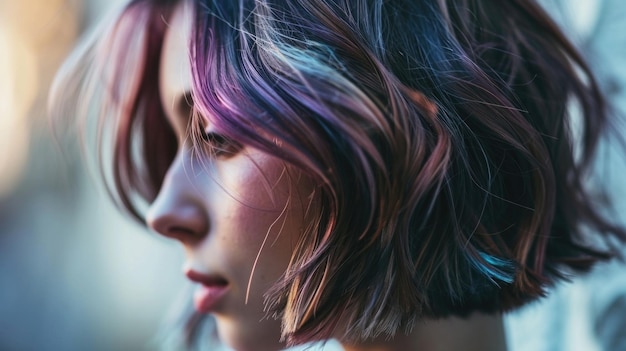 A woman with a shoulderlength bob adorned with subtle pea feather highlights the iridescent hues